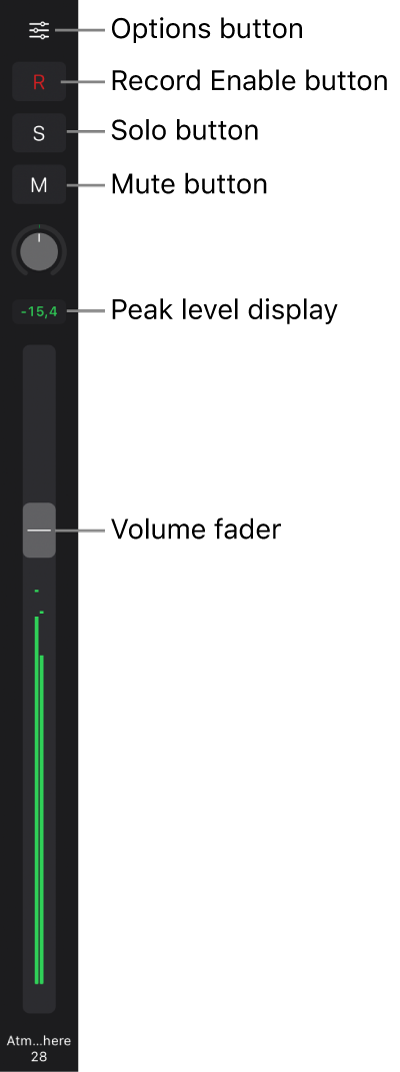 Figure. Fader showing Options button, Record Enable button, Solo and Mute buttons, Pan/Balance knob, peak level display, and Volume fader.