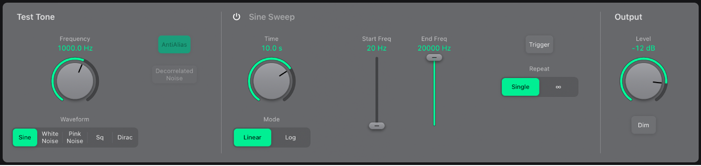 Figure. Test Oscillator window, highlighting Test Tone parameters.