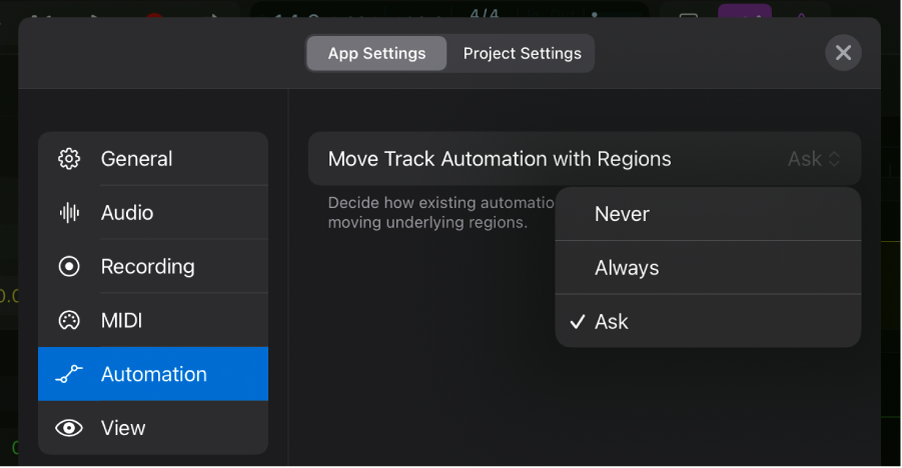 Figure. Automation app settings.