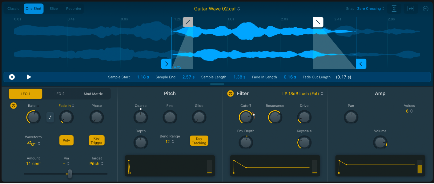 Figure. Quick Sampler One Shot mode waveform display, showing start and end markers, fade in and fade out markers, and related parameters.