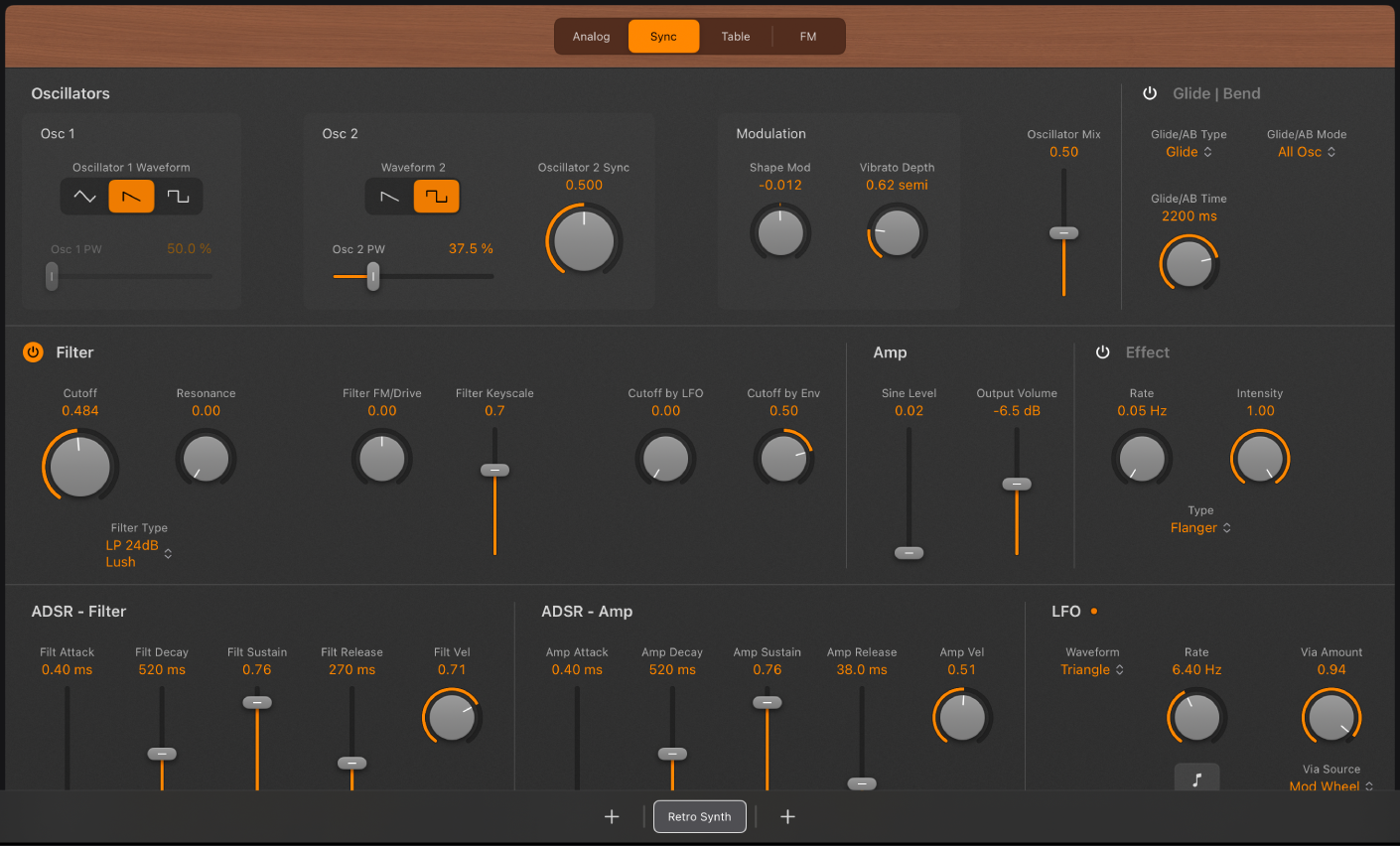 Ilustración. Parámetros del oscilador Sync de Retro Synth.