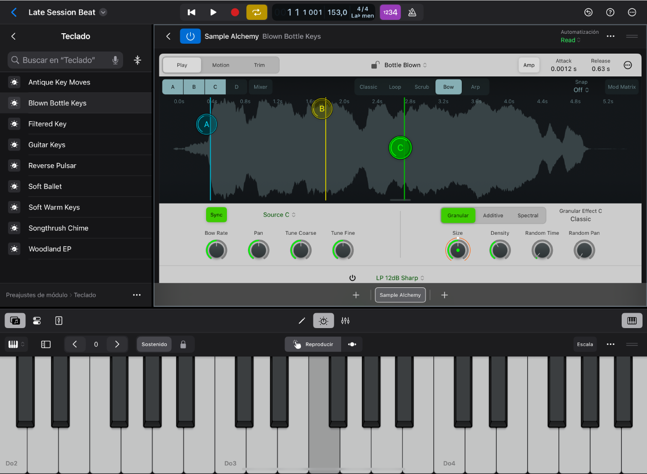 Ilustración. Logic Pro para iPad con la vista Preajustes en el explorador.