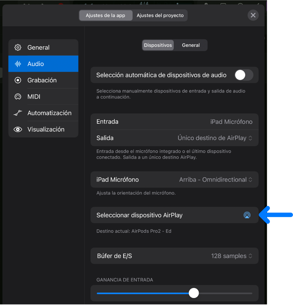 Ilustración. Pestaña Dispositivos de la página de ajustes Audio con el botón “Seleccionar dispositivo AirPlay”.