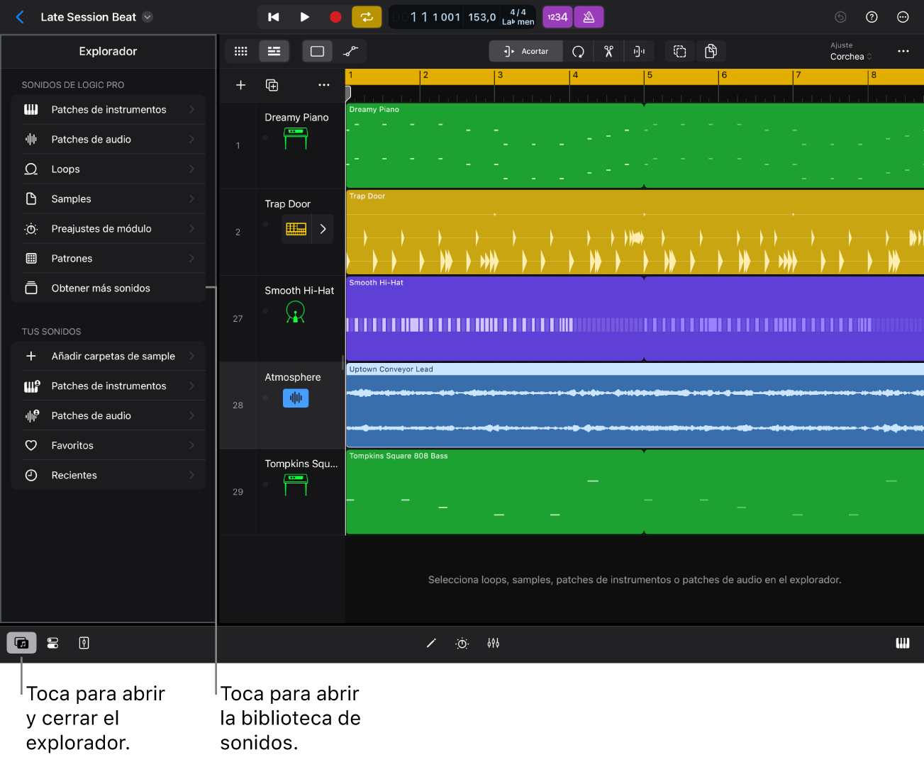 Ilustración. El explorador en Logic Pro para iPad.