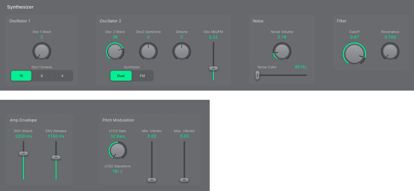 Ilustración. Parámetros del oscilador “EVOC 20 PS” con los controles de “Pitch Modulation”.