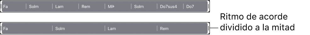 Ilustración. Grupo de acordes seleccionado en la pista de acordes, y luego con el ritmo del acorde dividido a la mitad.