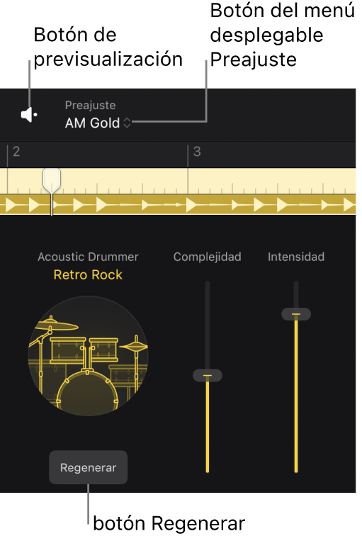 Ilustración. El botón Previsualizar, botón del menú desplegable Preajuste y el botón Regenerar del editor de Session Player.