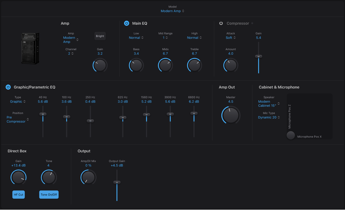 Ilustración. Ventana Bass Amp Designer, que muestra las principales áreas de la interfaz.