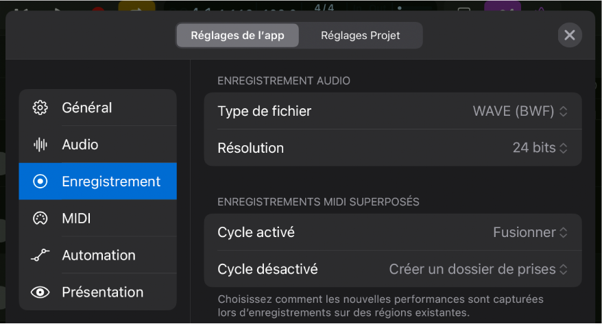 Réglages d’enregistrement.