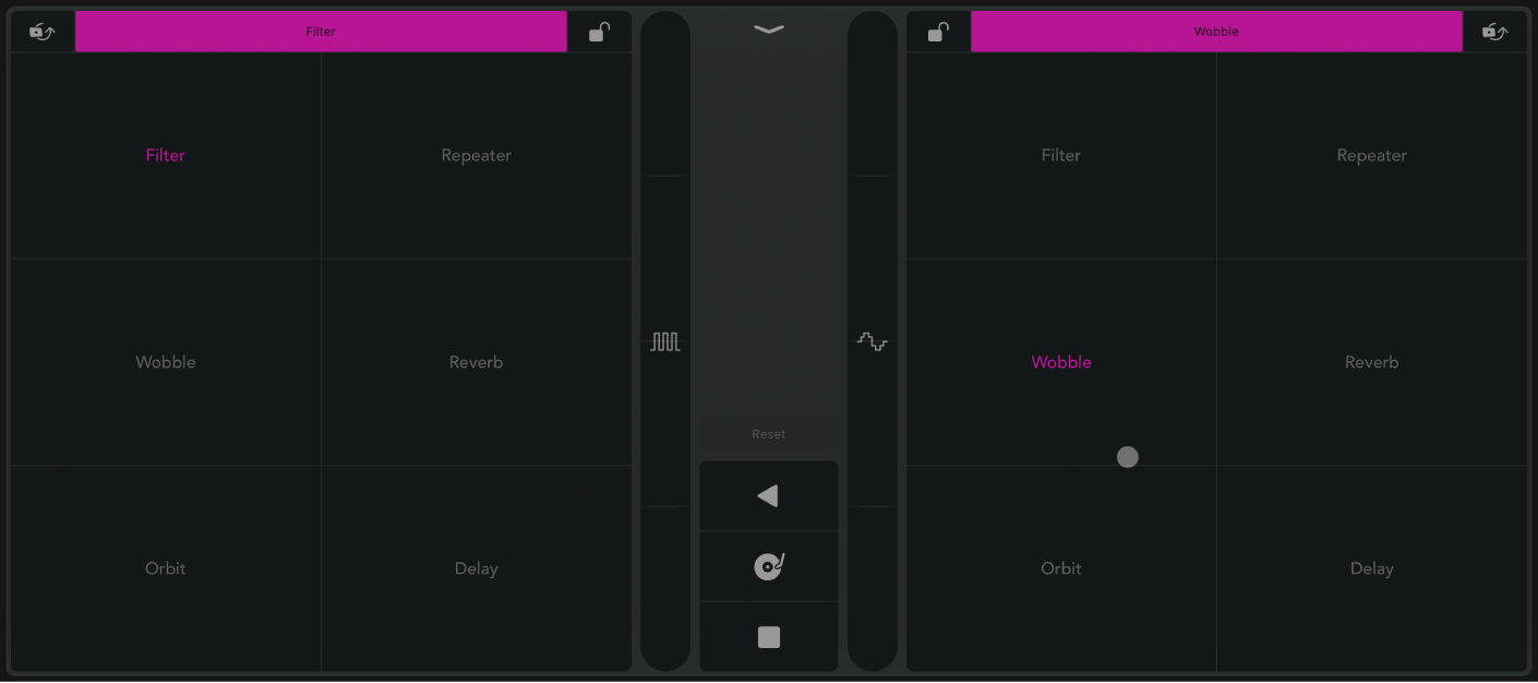 Figure. Remix FX présentant une grille des différents types d’effets pour les pads XY de gauche et de droite.