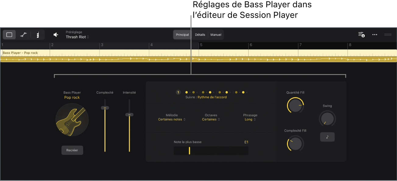 Figure. Éditeur de Session Player avec les réglages Bass Player.