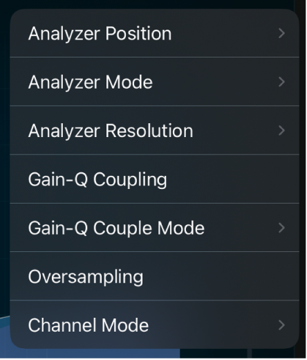 Figure. Options du menu Plus du module Linear Phase EQ.