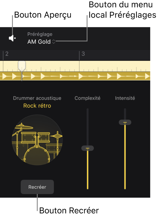 Figure. Bouton Aperçu, bouton du menu local Préréglages et bouton Recréer dans l’éditeur de Session Player.