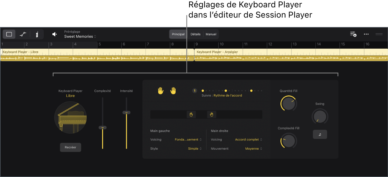 Figure. Éditeur de Session Player avec les réglages Keyboard Player.
