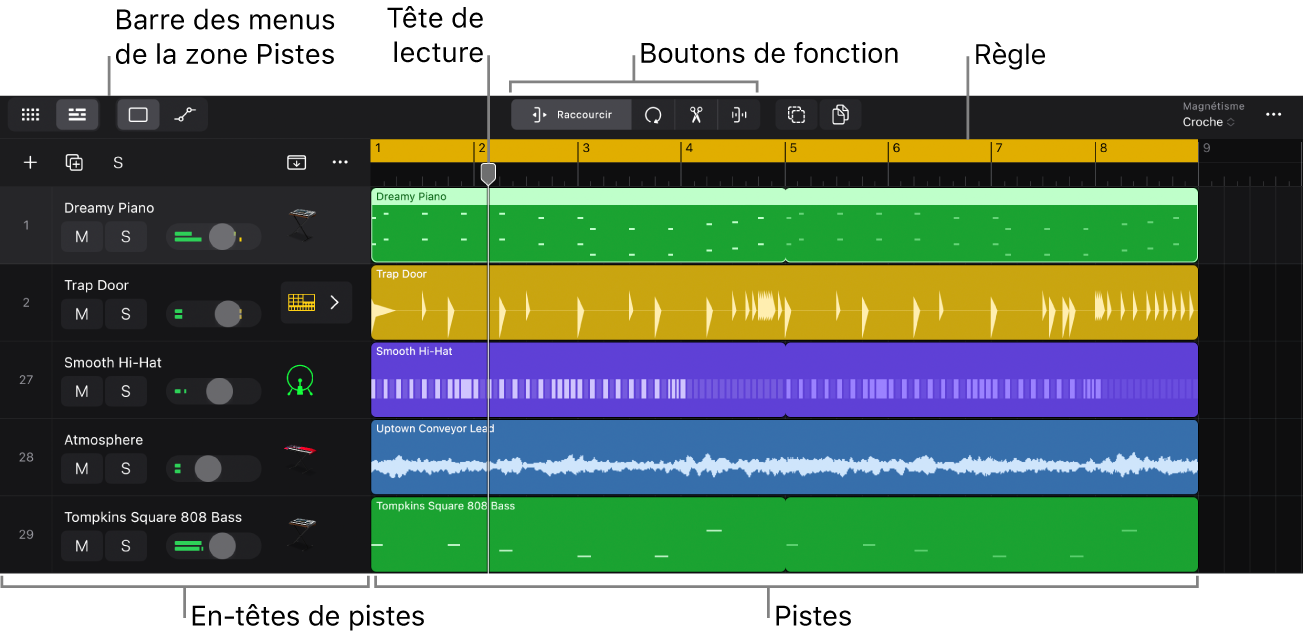Figure. Zone de pistes, montrant les pistes et les en-têtes de piste, la tête de lecture, la règle et la barre des menus de la zone de pistes.