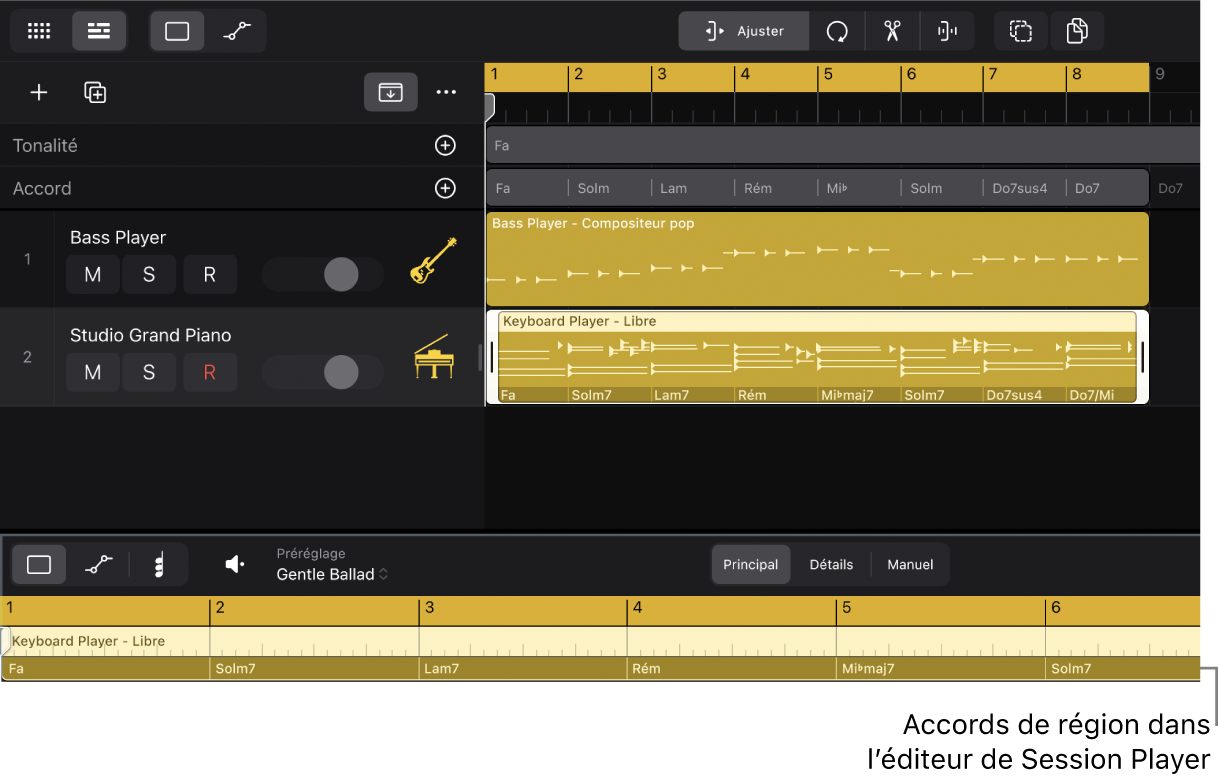 Figure. Une région Session Player sélectionnée dans la zone Pistes et l’éditeur de Session Player montrant des accords de région.
