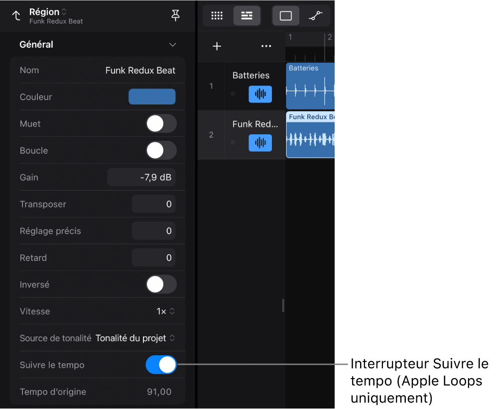 Figure. Inspecteur de région affichant le commutateur « Suivre le tempo » pour les boucles audio Apple Loops.