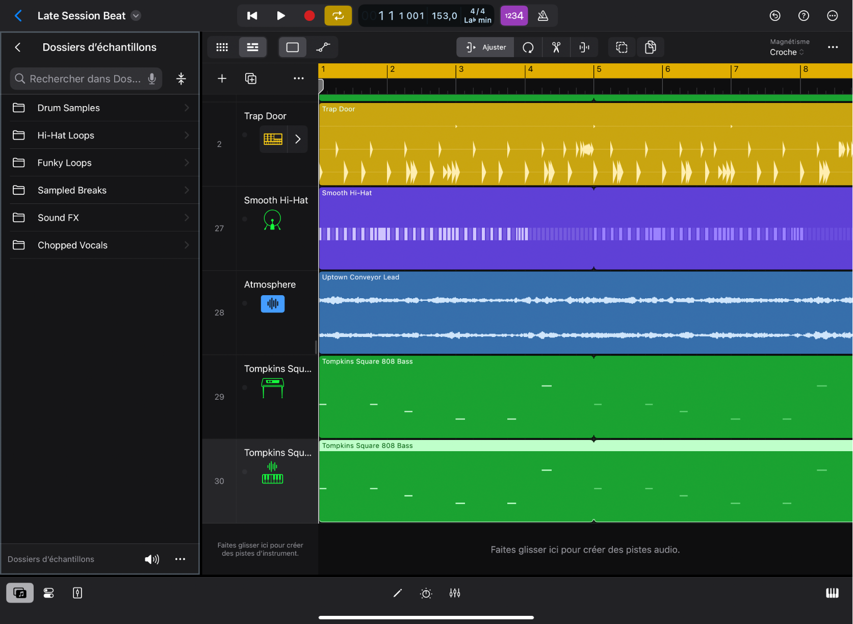 Figure. Logic Pro for iPad montrant la présentation « Dossiers d’échantillons » dans le navigateur.