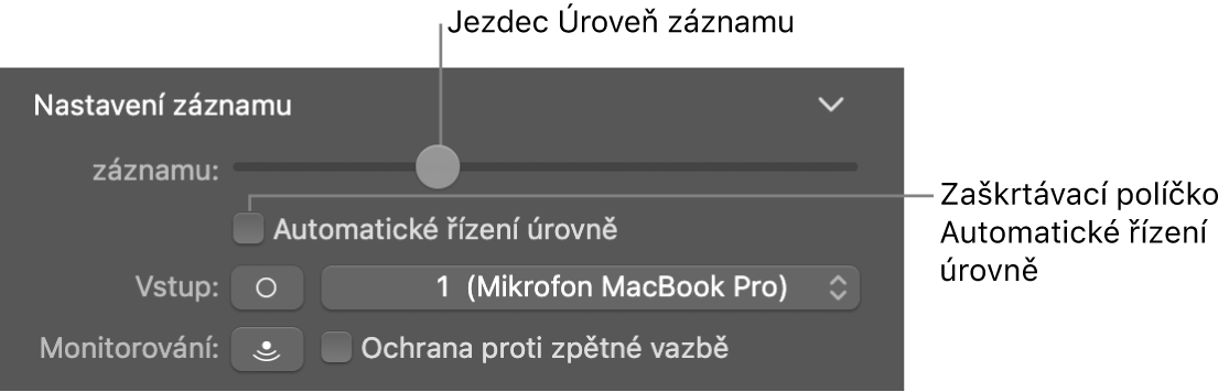 Jezdec Úroveň záznamu a políčko Automatické ovládání úrovně v inspektoru Smart Controls.