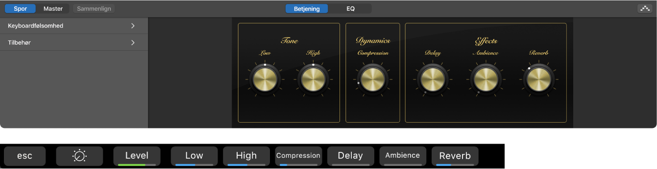 Figur. Smart Controls til spor med softwareinstrumenter og dynamiske genveje til Smart Controls-skærmen.