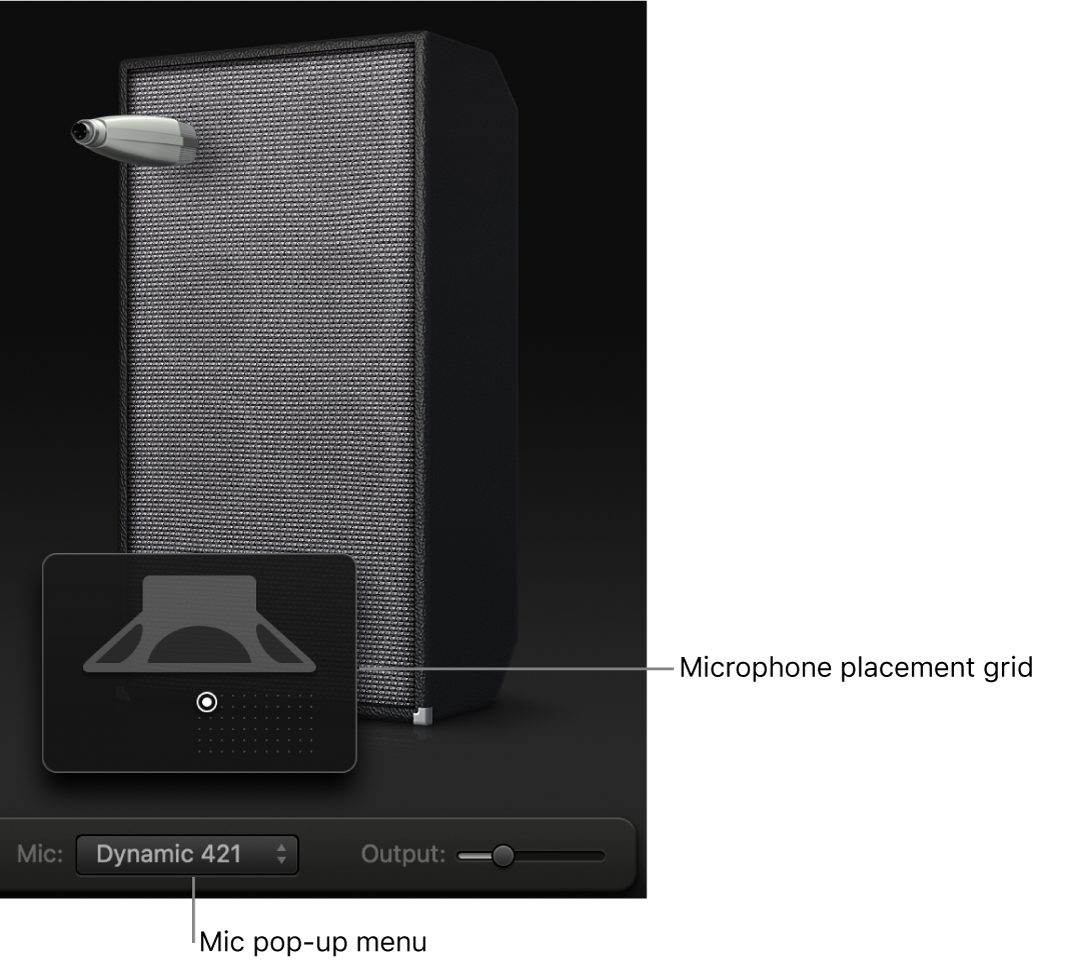 Bass Amp Designer cabinet area showing Mic menu and Microphone placement grid.