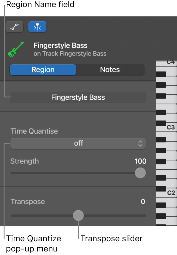 Piano Roll Editor inspector in Region mode, showing controls.