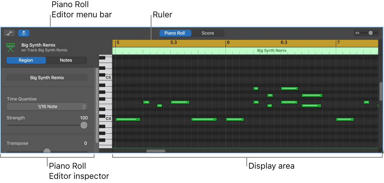 Piano Roll Editor, pointing out MIDI note event.