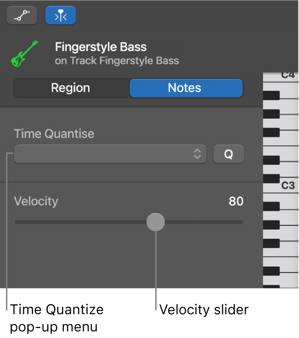 Piano Roll Editor inspector in Notes mode, showing controls.