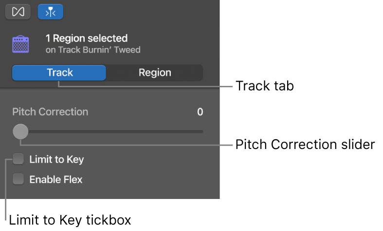 Audio Editor inspector in Track mode, showing Pitch Correction slider and Limit to Key tickbox.