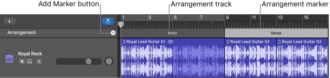 Arrangement track showing Add Marker button and Arrangement region.