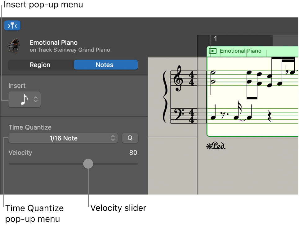 Score Editor inspector in Notes mode, showing controls.