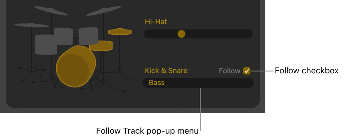 Drummer Editor showing Follow checkbox and Follow Track pop-up menu.