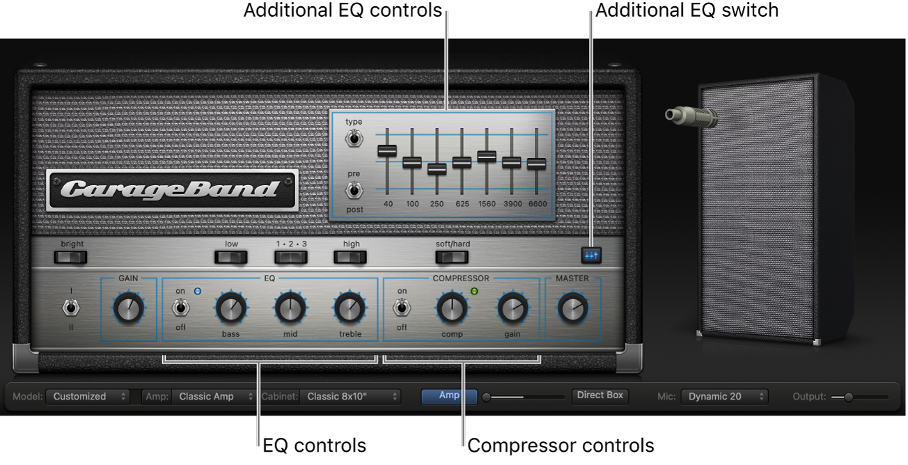 Bass Amp Designer showing EQ and Compressor controls.