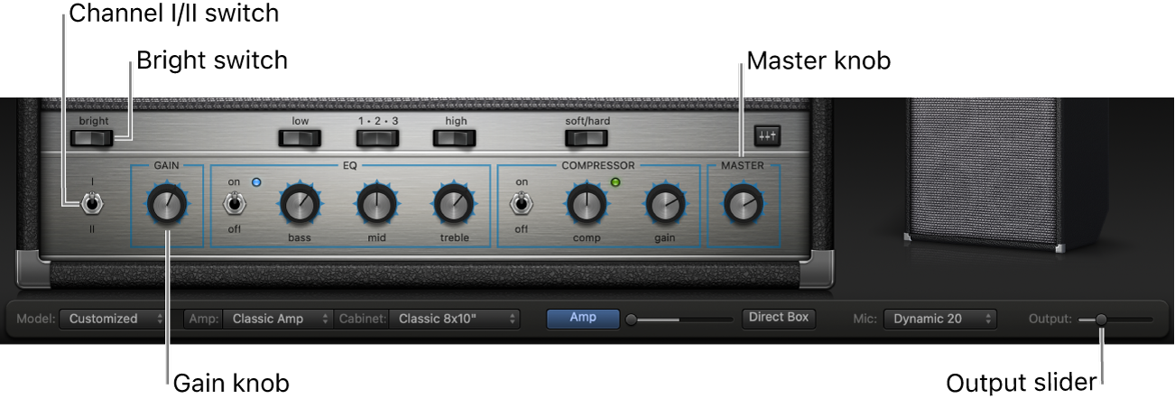 Bass Amp Designer amp controls, including Bright switch, Gain knob, Channel I and II switch, and Master knob.