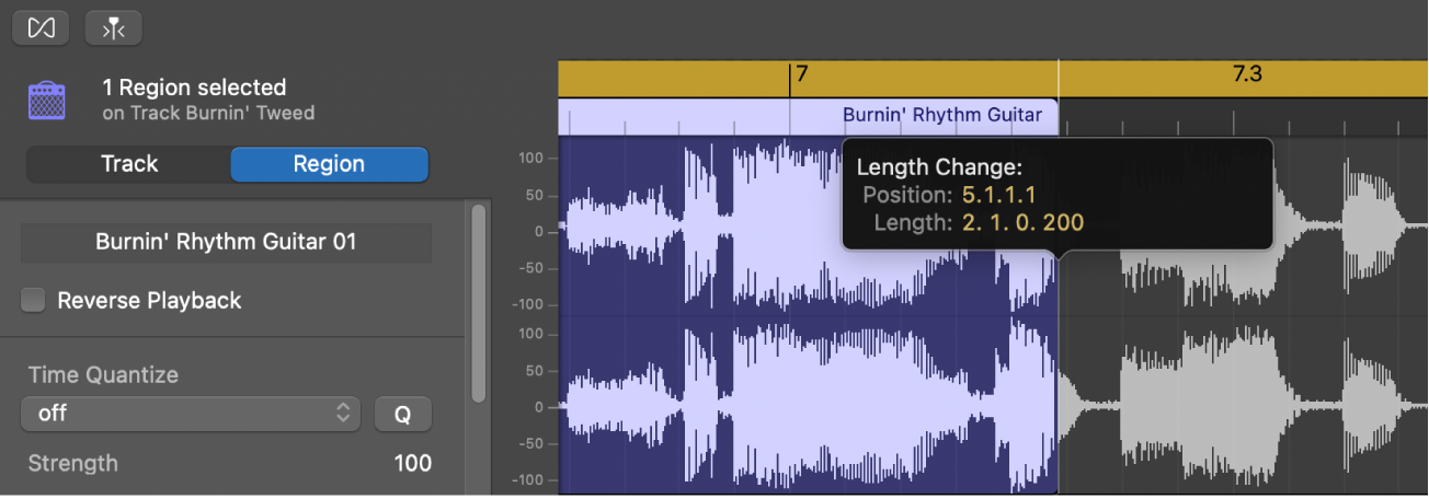 Trimming a region in the Audio Editor, showing the Trim pointer and Help tag.