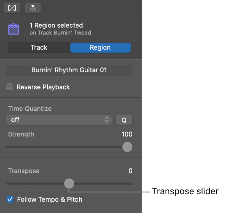 Audio Editor inspector in Region mode, showing Transpose slider.