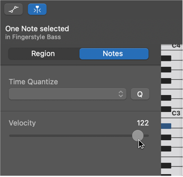 Editing note velocity in the Piano Roll Editor.