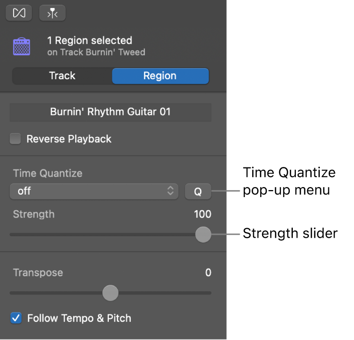 Audio Editor inspector, showing Time Quantize pop-up menu and Strength slider.