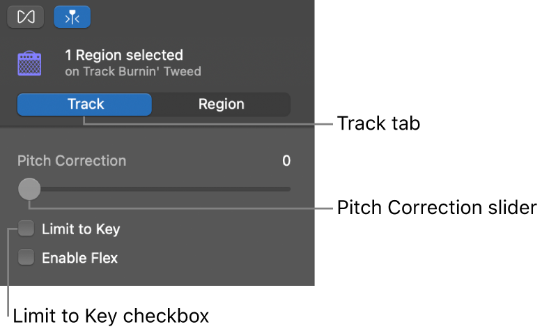 Audio Editor inspector in Track mode, showing Pitch Correction slider and Limit to Key checkbox.