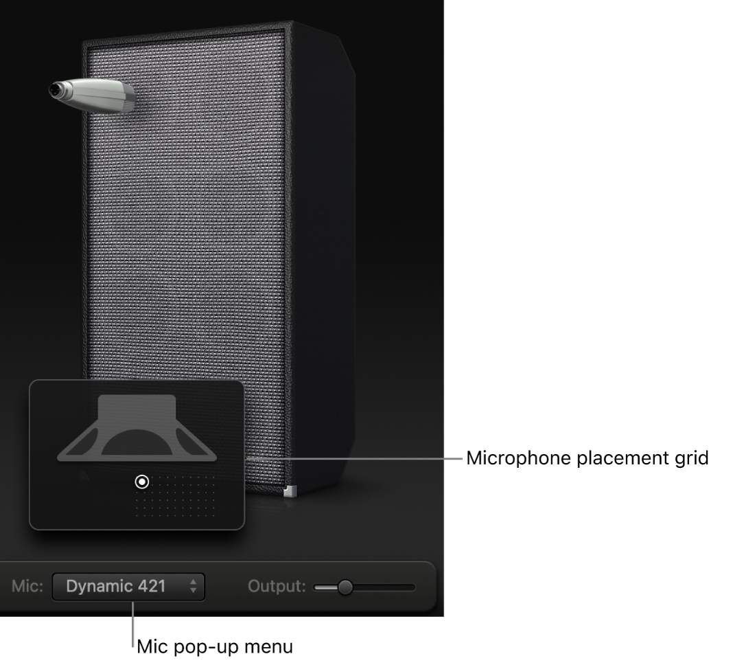 Bass Amp Designer cabinet area showing Mic menu and Microphone placement grid.