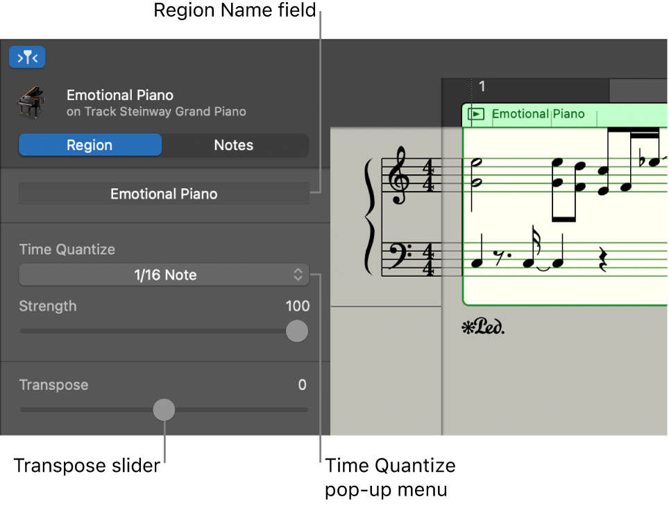 Score Editor inspector in Region mode, showing controls.