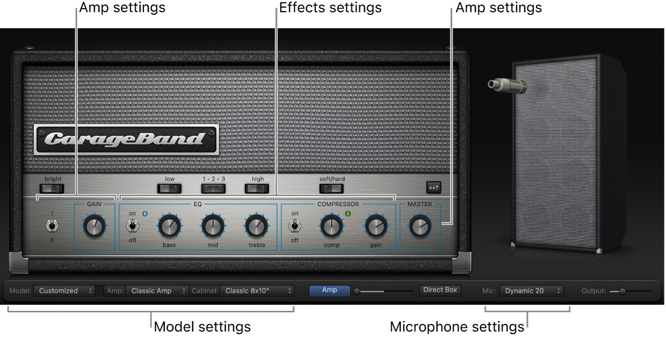 Bass Amp Designer window, showing different control areas.