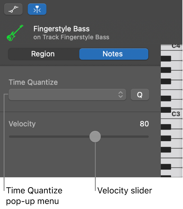 Piano Roll Editor inspector in Notes mode, showing controls.