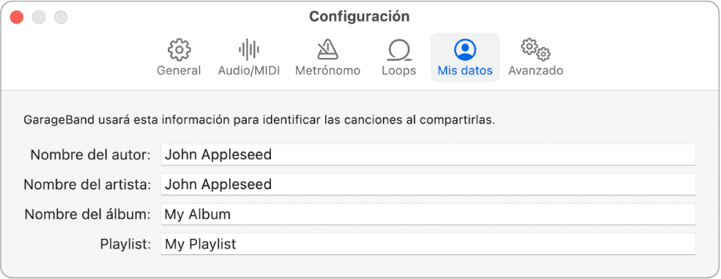 Panel de configuración Mis datos.