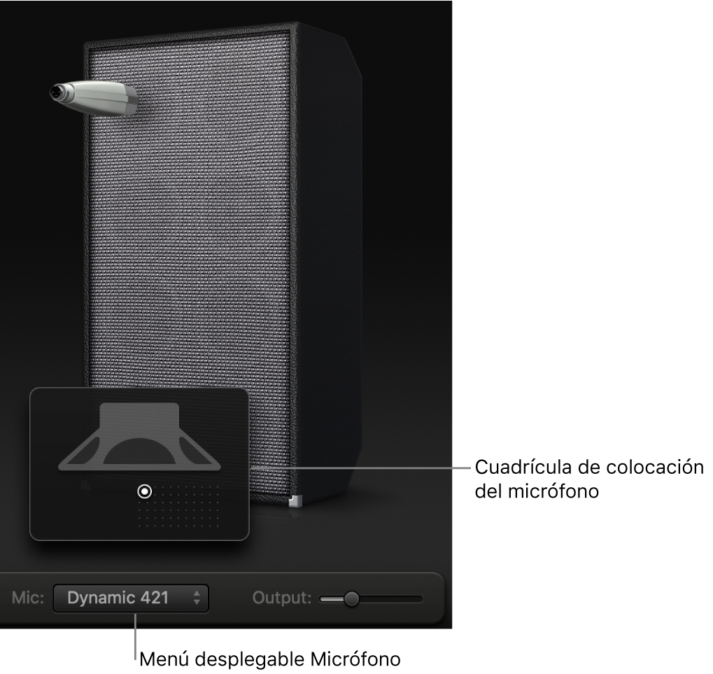 Área de la caja de Bass Amp Designer en la que se ve el menú Mic y la parrilla de colocación del micrófono.