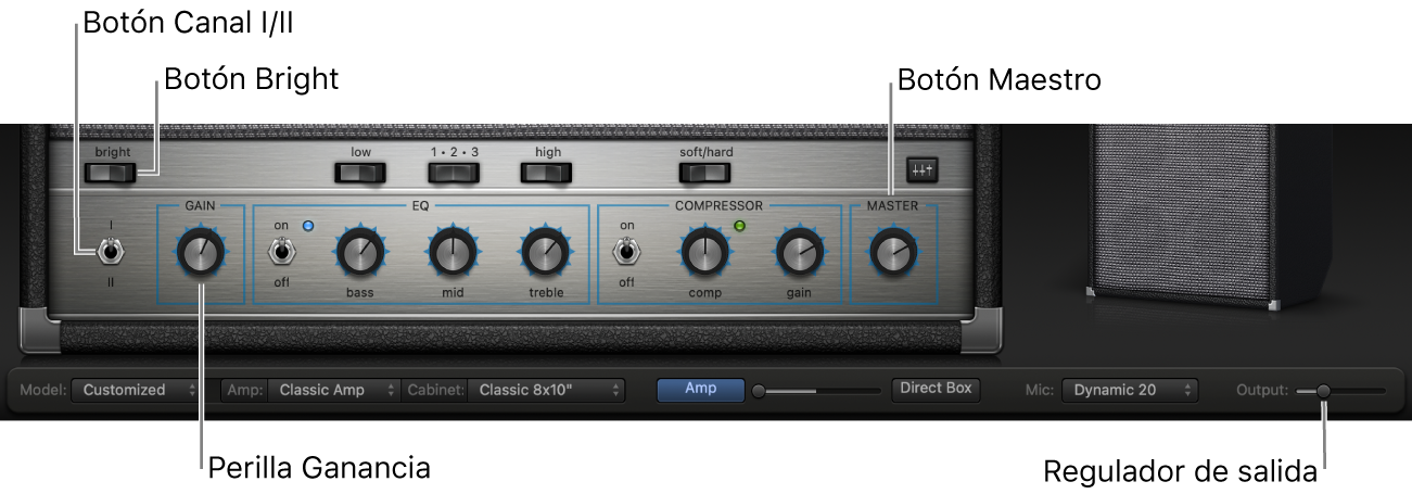 Controles de amplificador de Bass Amp Designer: conmutador Bright, botón Gain, conmutador Channel /III y botón Master.