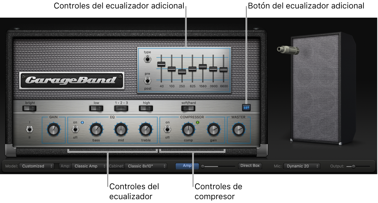 Bass Amp Designer con los controles EQ y Compressor.