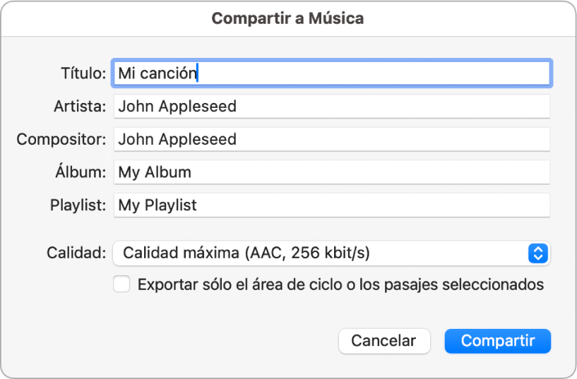 Cuadro de diálogo Compartir en Música.