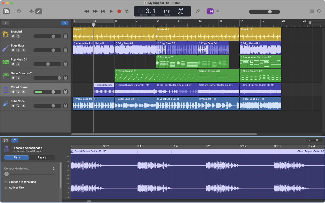 Proyecto de GarageBand reproduciéndose.