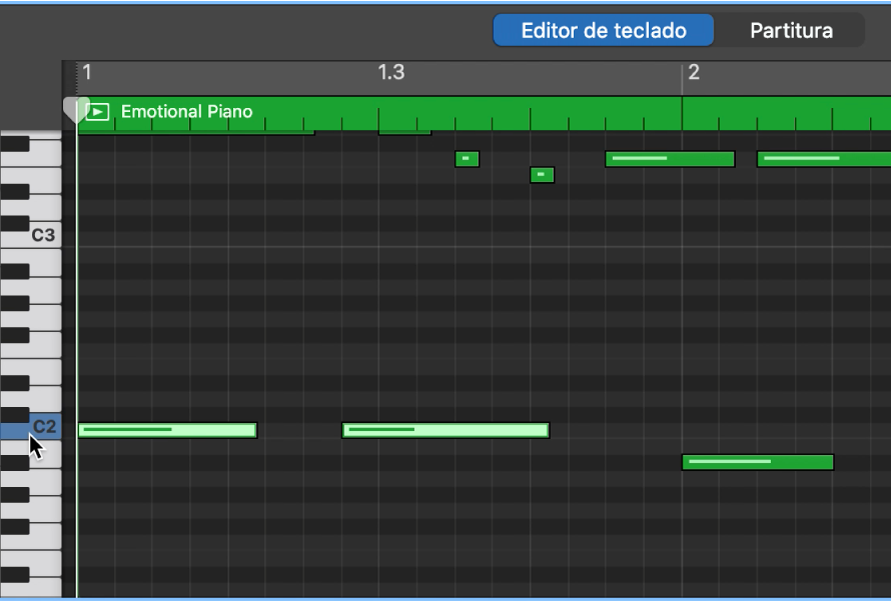 Se están seleccionando notas con el mismo tono haciendo clic en el teclado del borde izquierdo del editor de teclado.